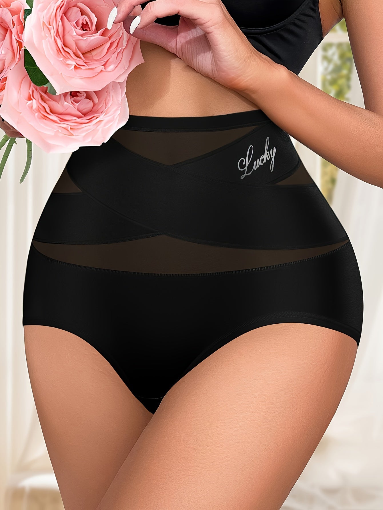 Breathable mesh high-waisted underwear with body sculpting design.