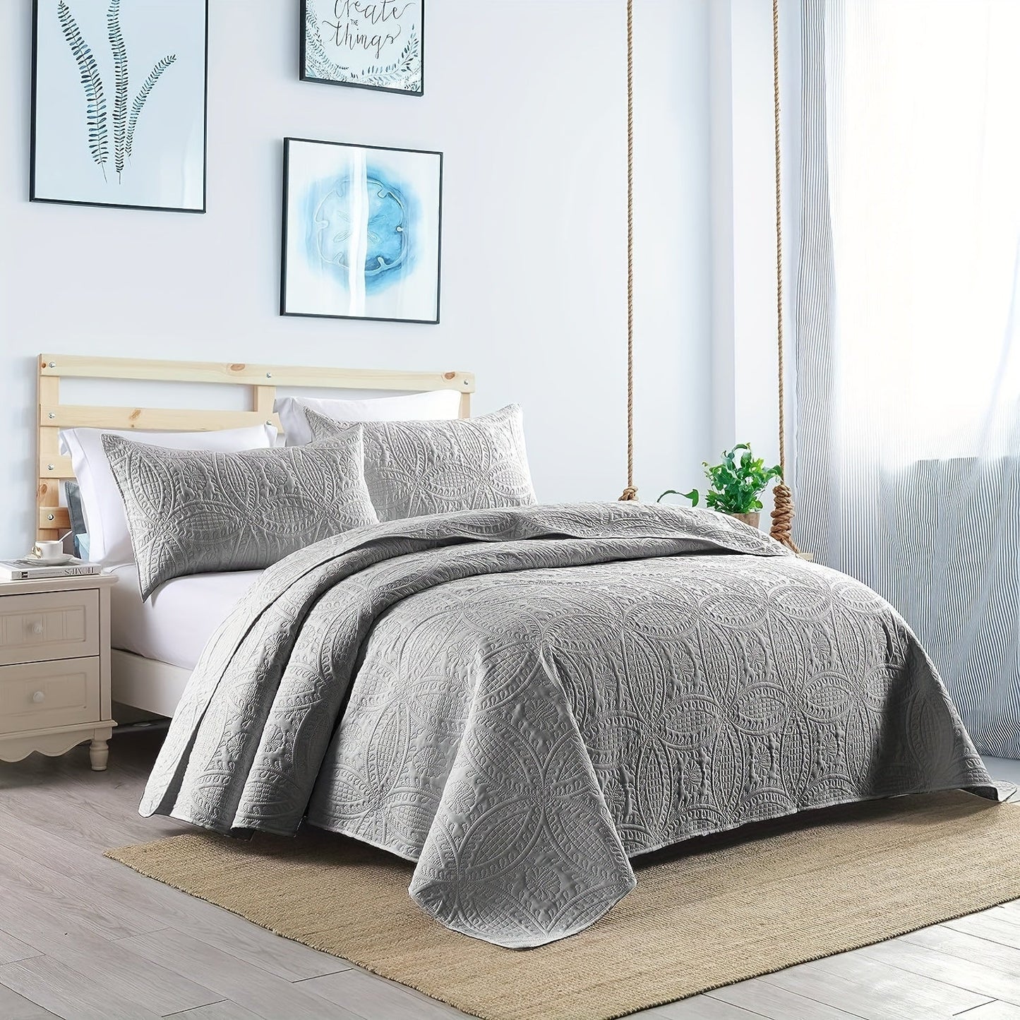 Comfortable and airy three-piece bedspread set featuring Soundwave technology and embossed circles design. Set includes one bedspread and two pillowcases, ideal for adding a touch of summer comfort to your bedroom or dorm decor. The perfect addition to