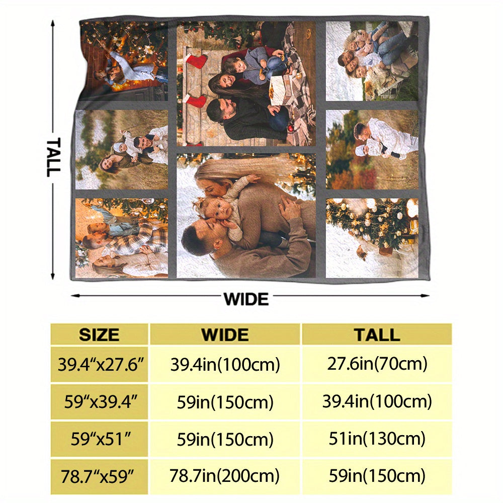 Customize your cozy flannel blanket with a personal photo! This soft and warm memory blanket is perfect for couples or families and is ideal for use in the office, bed, sofa, armchair, napping, camping, or travel. The machine washable blanket features a