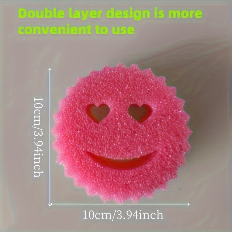 Four double-layer temperature-sensitive scrub sponges with a modern round fast-drying design featuring cartoon characters. Great for use in the kitchen, living room, car, and on glass surfaces. These multi-functional household sponges are perfect for a