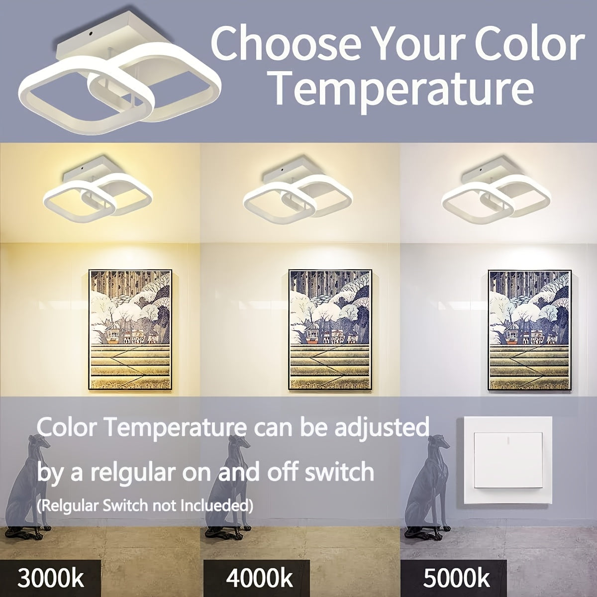 LED ceiling light fixture made of aluminum alloy, energy-efficient, with adjustable color temperature and dimming options. Designed for bedrooms, bathrooms, and kitchens.