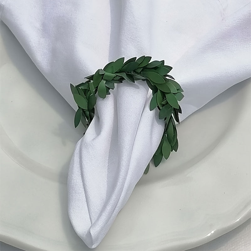 10 Green Leaf Rattan Shaped Napkin Rings for various occasions and table decoration, perfect for St. Patrick's Day festivities.