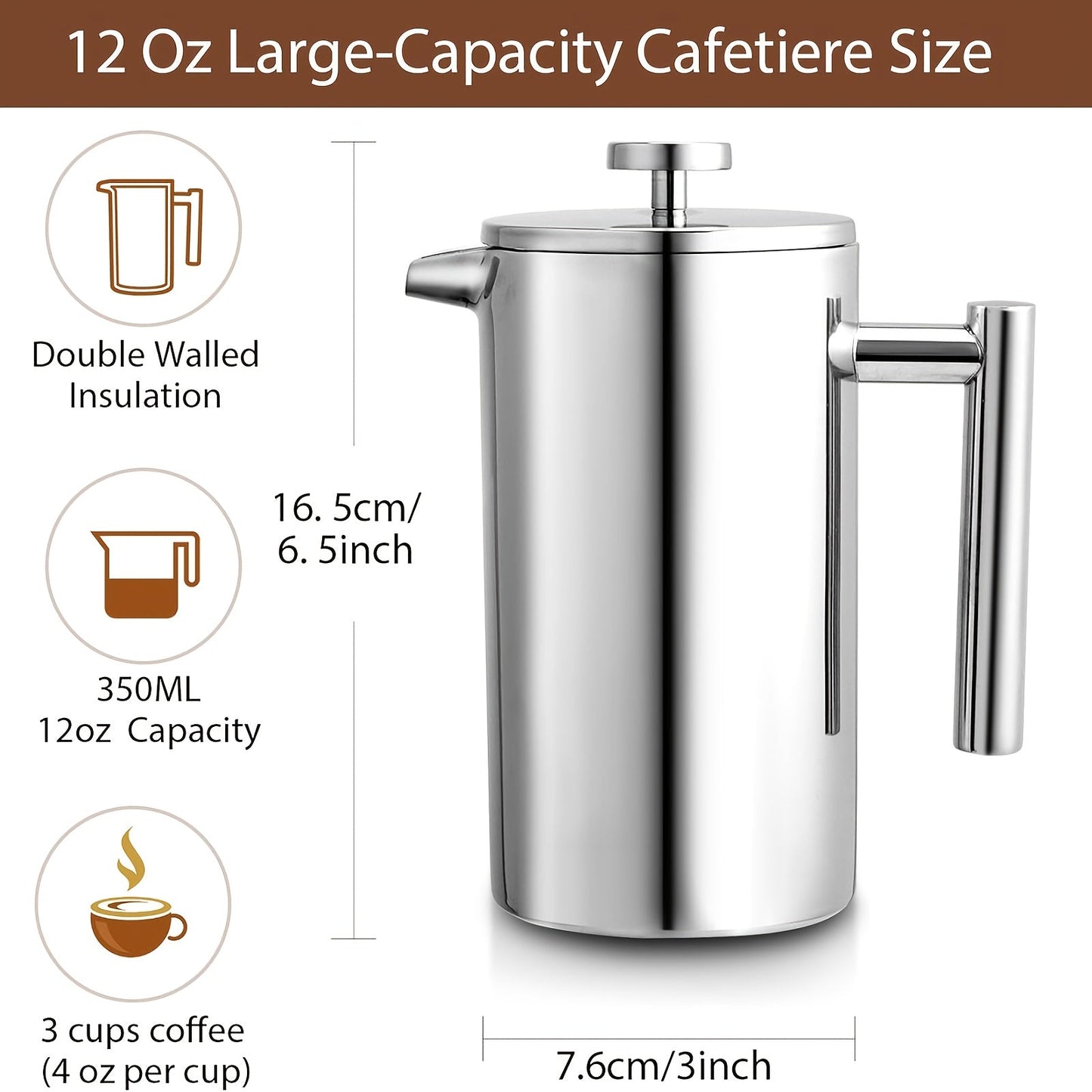 Stainless steel French press coffee pot is durable and ideal for making delicious coffee in the comfort of your home.