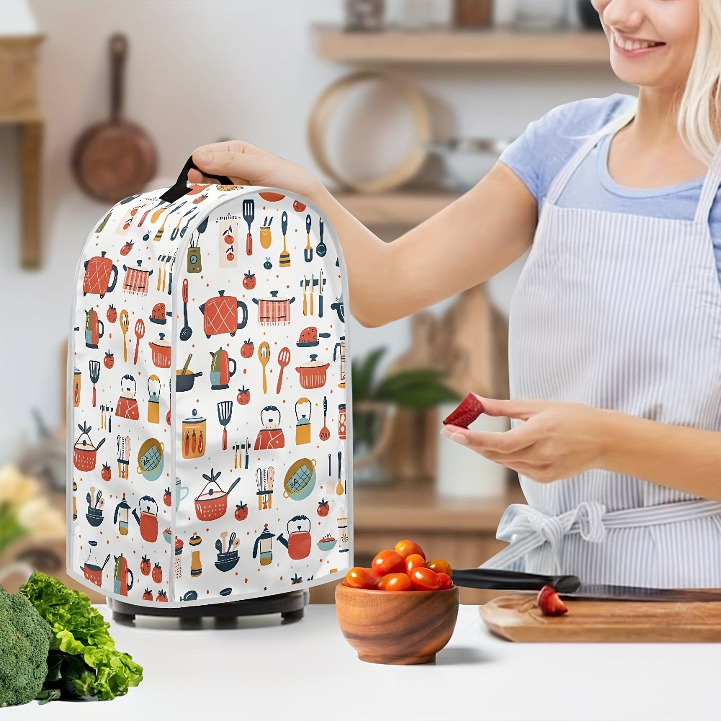 Cartoon-themed kitchen appliance cover for blender, stand mixer, coffee maker, juicers, and food processors. Features top handle for easy handling and is stain-resistant for dust protection.