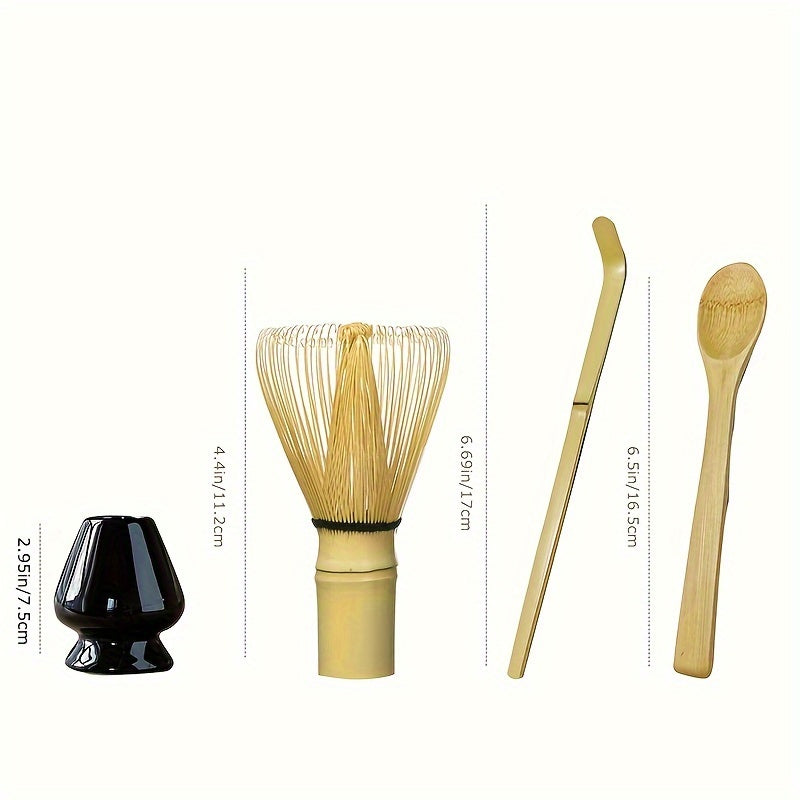 Set of 4 pieces including 2 Japanese Matcha Ceremony accessories: a Matcha Whisk (Chasen), Traditional Scoop (Chashaku), Tea Spoon, and a Blue Celadon/Black Whisk Holder. This set is perfect for preparing a traditional cup of Matcha and includes Matcha