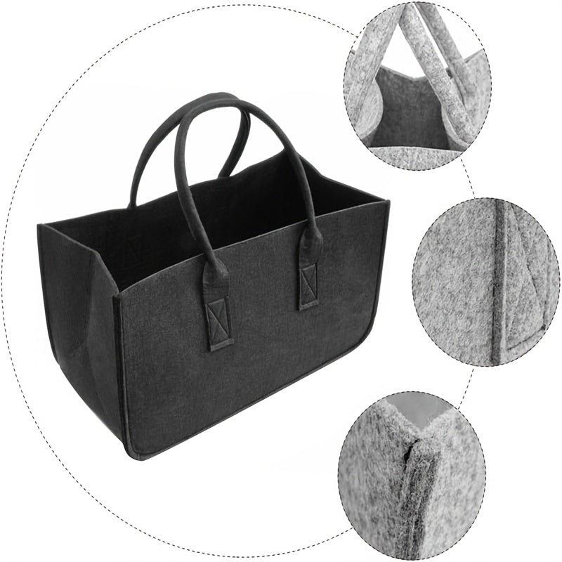 Two durable felt firewood carrier bags, perfect for storing wood at home or on the go. These portable totes are perfect for both indoor and outdoor use. Featuring a stylish firewood basket design and sturdy handle for easy carrying.