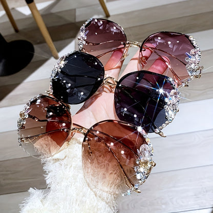 Purchase one and receive one free rhinestone glasses with a frameless gradient lens and a unique bent leg design.