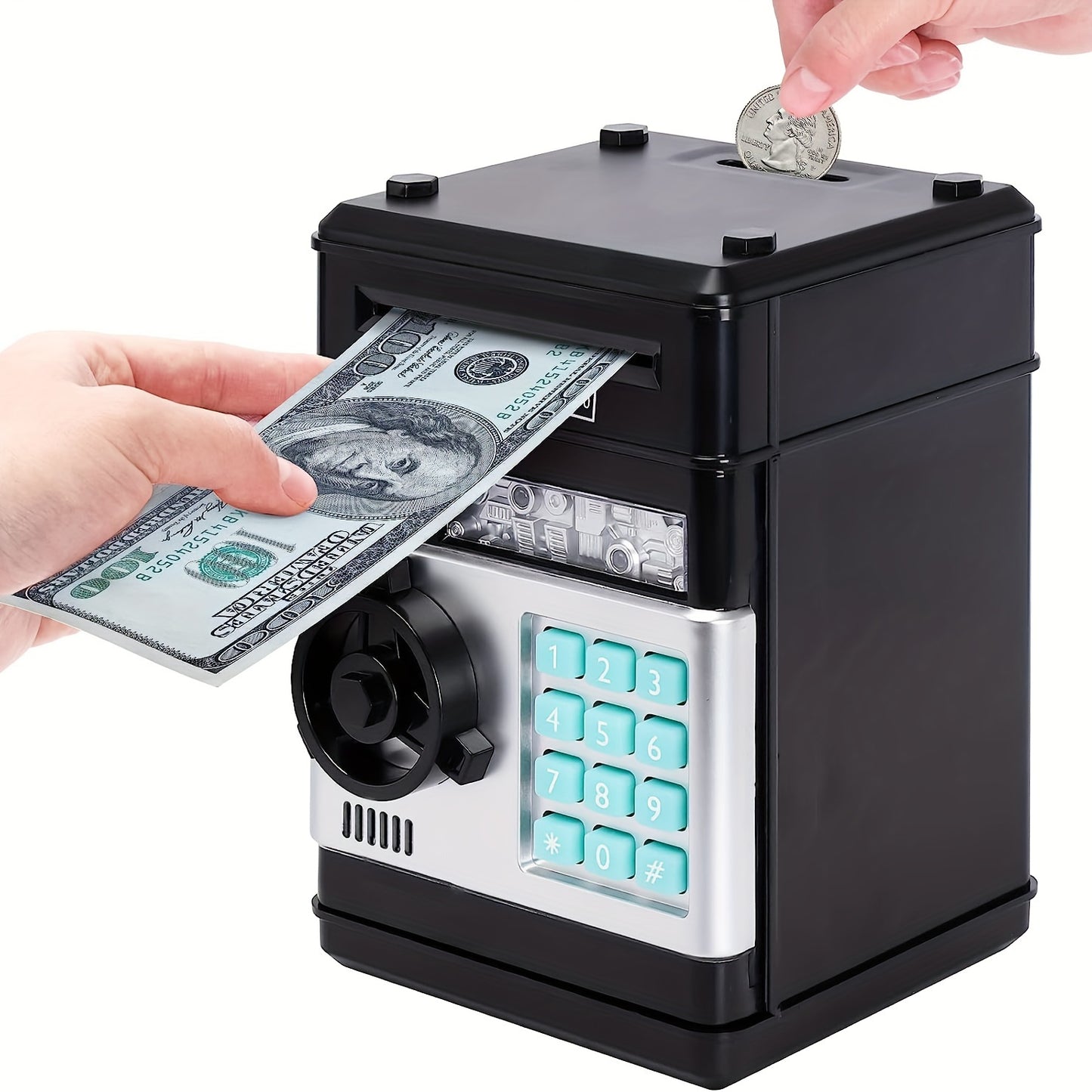 Kids' electronic piggy bank ATM with password lock, automatic currency and coin storage, black plastic toy.