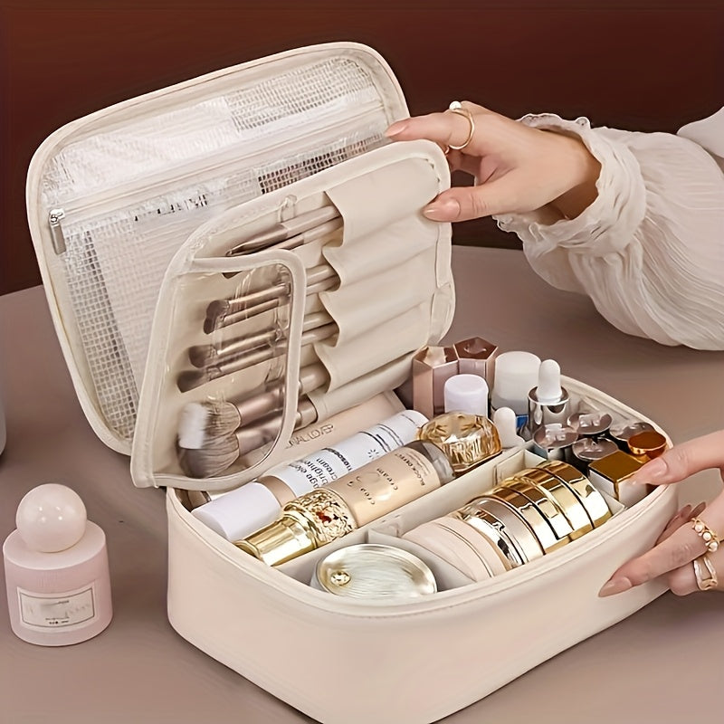 Large capacity detachable cosmetic bag with multiple layers and brush storage, suitable for both men and women.