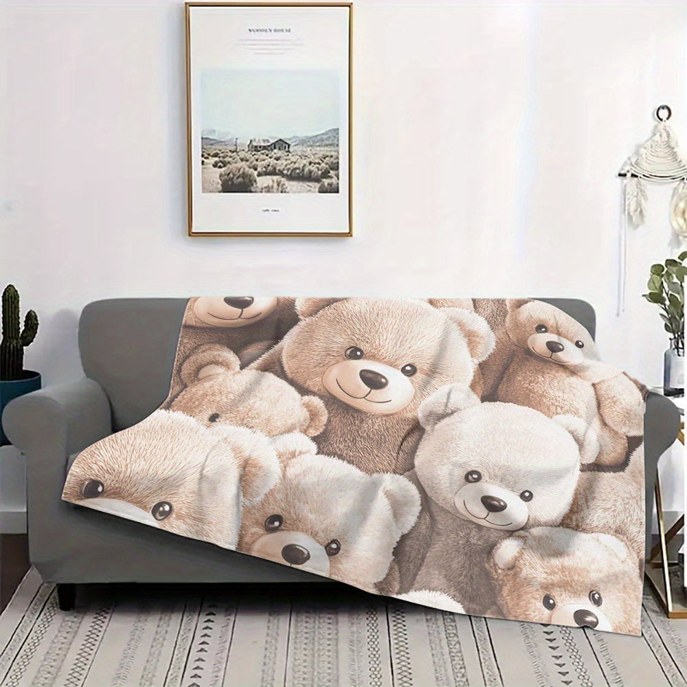 Soft and Cozy Cartoon Teddy Bear Print Flannel Throw Blanket - Perfect for All Seasons, Quilted Polyester Bedding with a Contemporary Design, Versatile and Hypoallergenic, Great Christmas Gift for Loved Ones