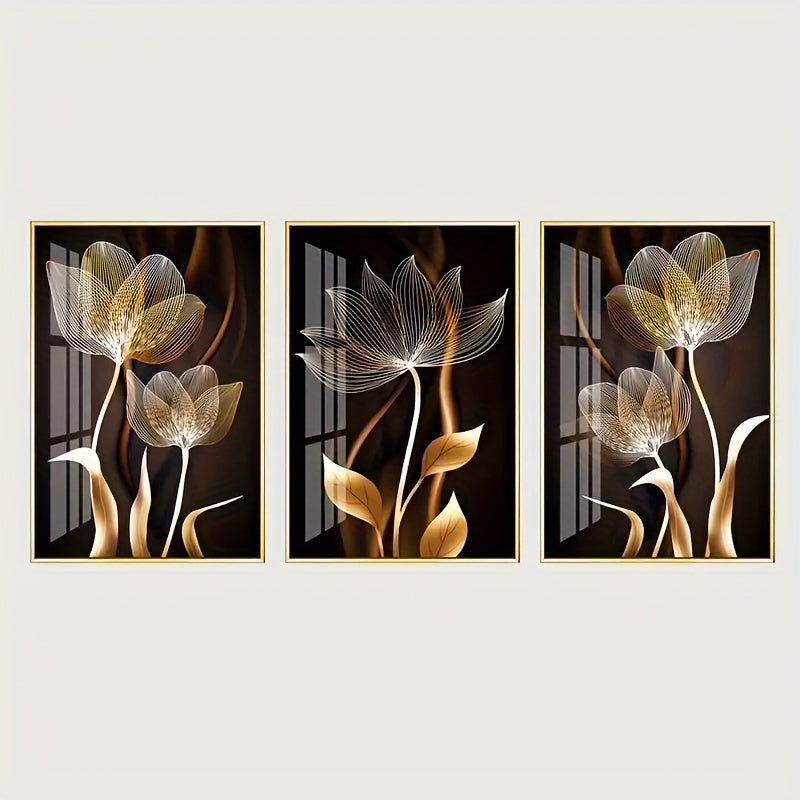 Set of 3 luxury canvas print posters featuring golden flower artwork for various rooms, no frames included.