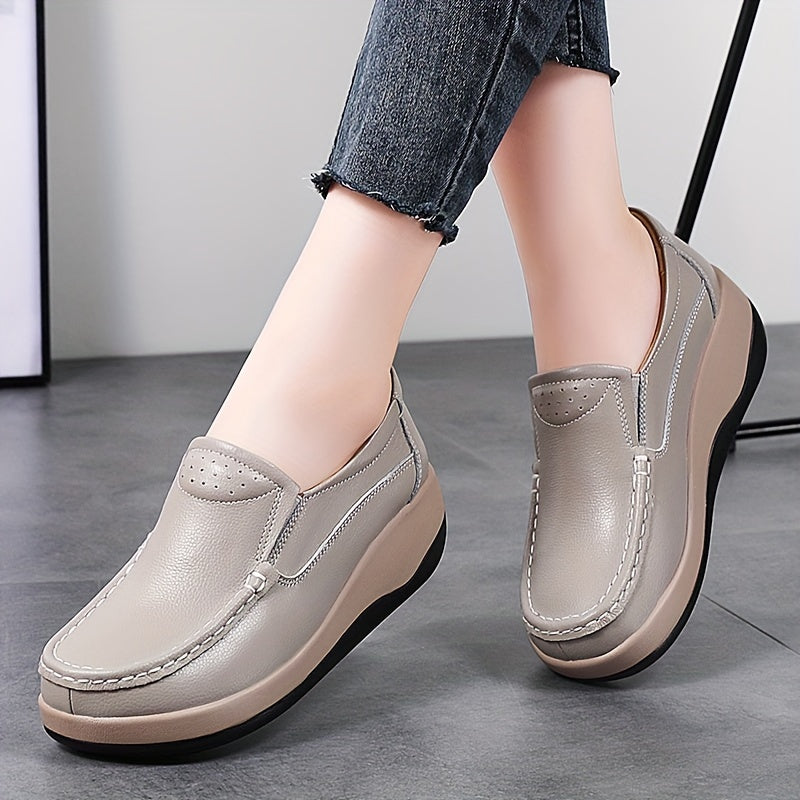 Quanzhou Genuine Faux Leather Platform Loafers for Women - Lightweight Slip-on Fashion Sneakers with Round Toe, Soft PU Sole, Mid Top Design, Comfort Insole, All-Season Shoes