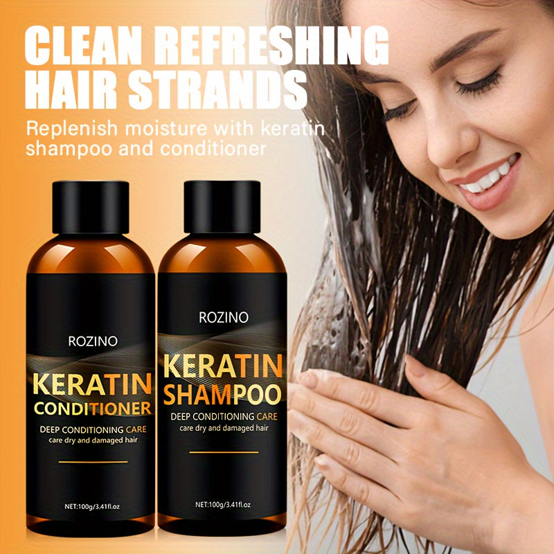 ROZINO Keratin Shampoo and Conditioner Set: Deeply conditions and cleans dry hair, unisex, glycerin-enriched for smooth, silky finish with long-lasting hydration and scent.