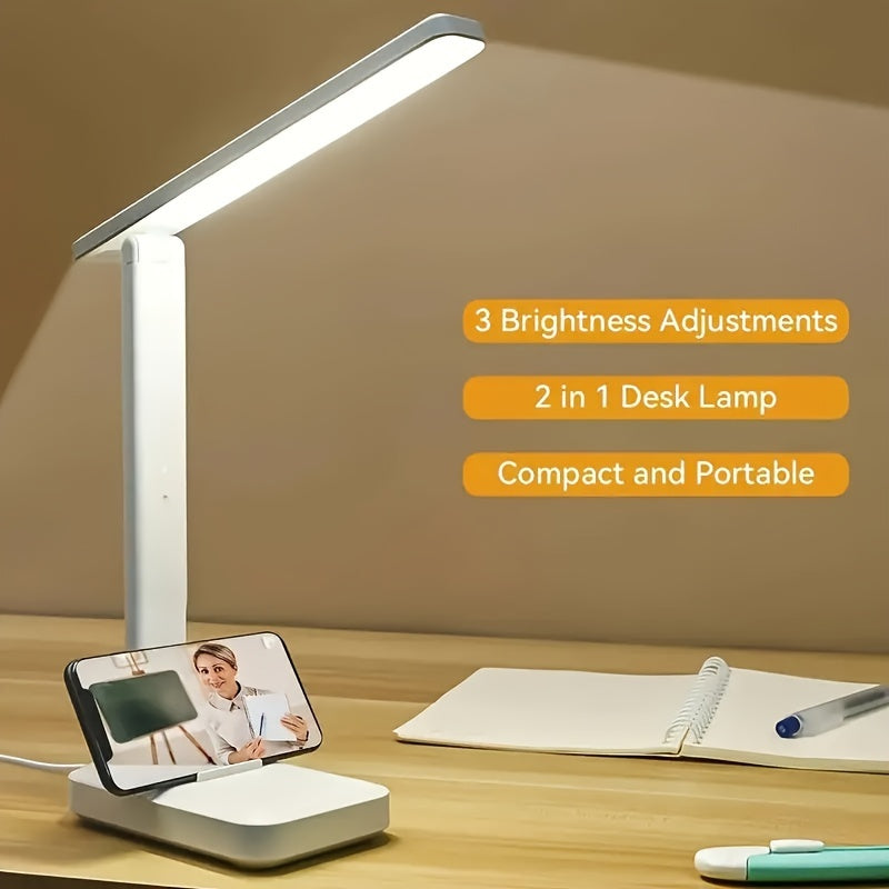 LED desk lamp with touch control for brightness adjustment, USB powered, ideal for reading and bedside.