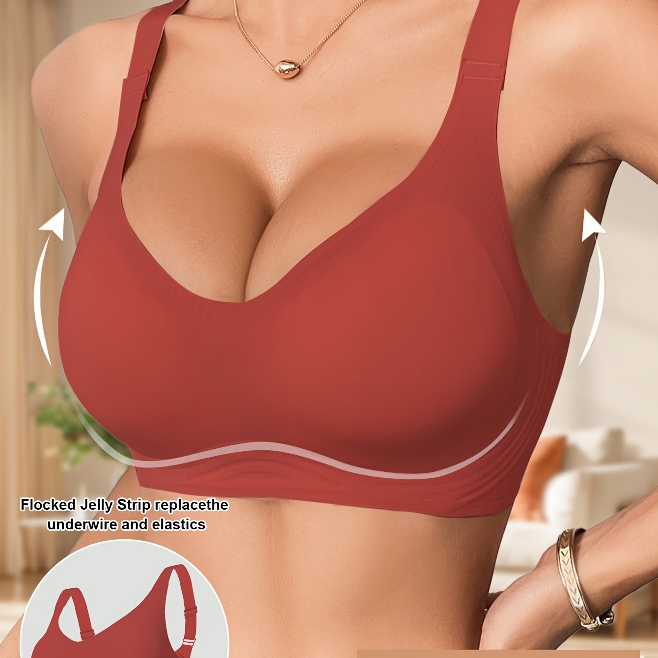 Women's wireless bra with full coverage, polyamide 85% elastane 15%, solid color knit fabric, removable pads for everyday comfort.