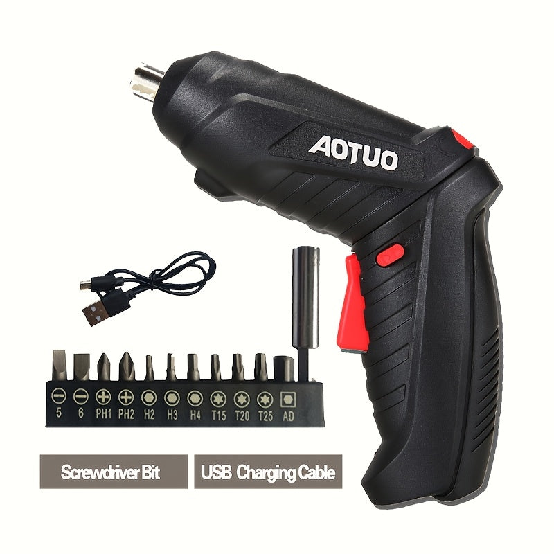 14-piece cordless electric screwdriver set with lithium battery, USB rechargeable, 90° rotatable hand drill, LED light, and self-lock chuck for home repair.