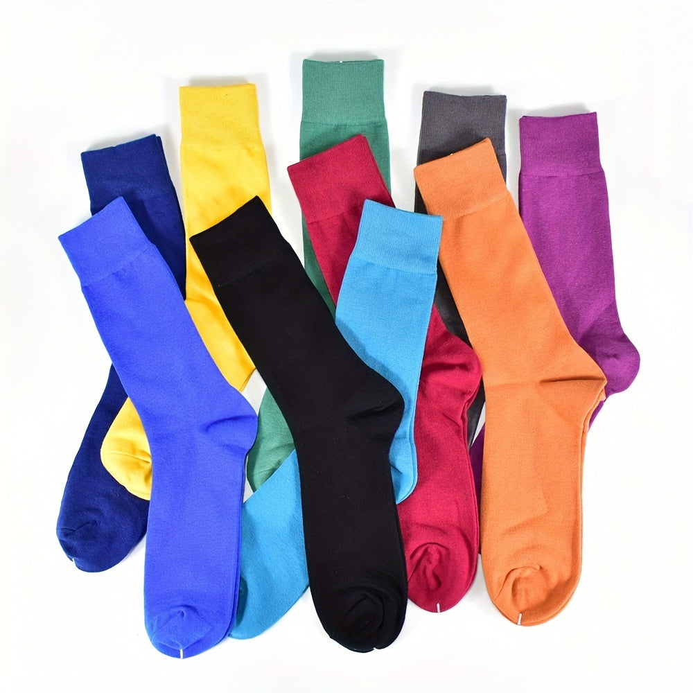 10 pairs of men's colorful fashion dress socks made of cotton that are sweat resistant, anti-odor, comfortable, and over the calf.