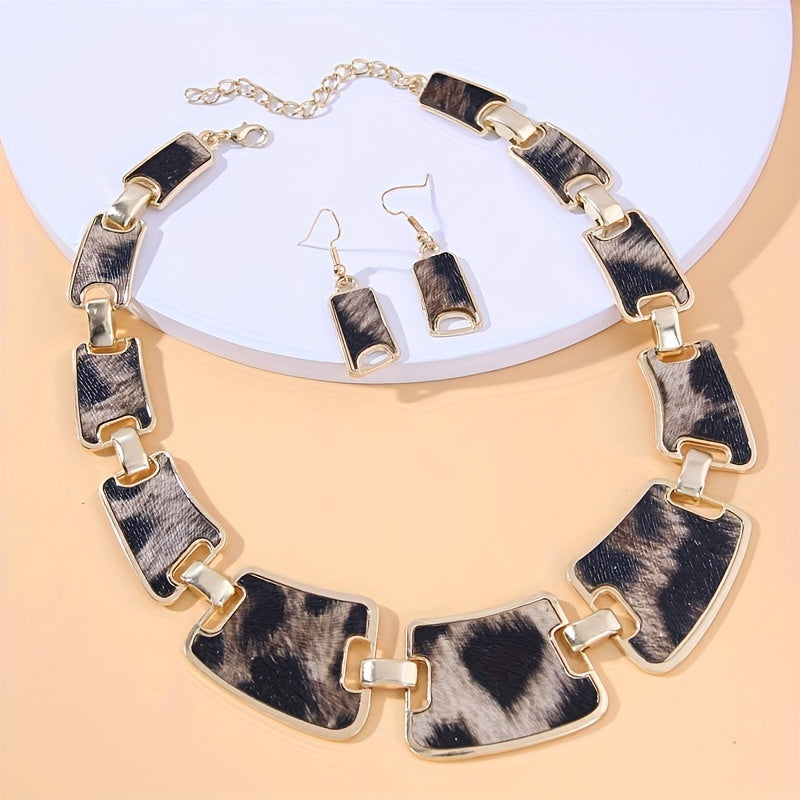 Set of 3 Leopard Print Earrings and Necklace, Fashion Jewelry in 18k Gold Plating, Perfect for Daily Outfits and Night Club Decor