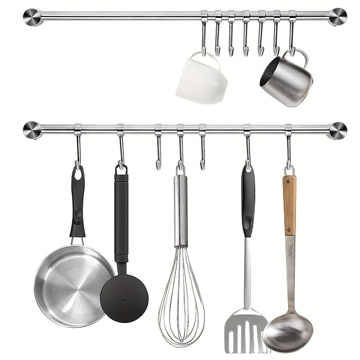 Elegant Stainless Steel Kitchen Utensil Rack for Wall Mounting - Organize Pots, Pans, Spatulas, Whisks, Measuring Cups, and Coffee Mugs - Versatile Hooks for Home, Coffee Bar, or Bathroom Storage