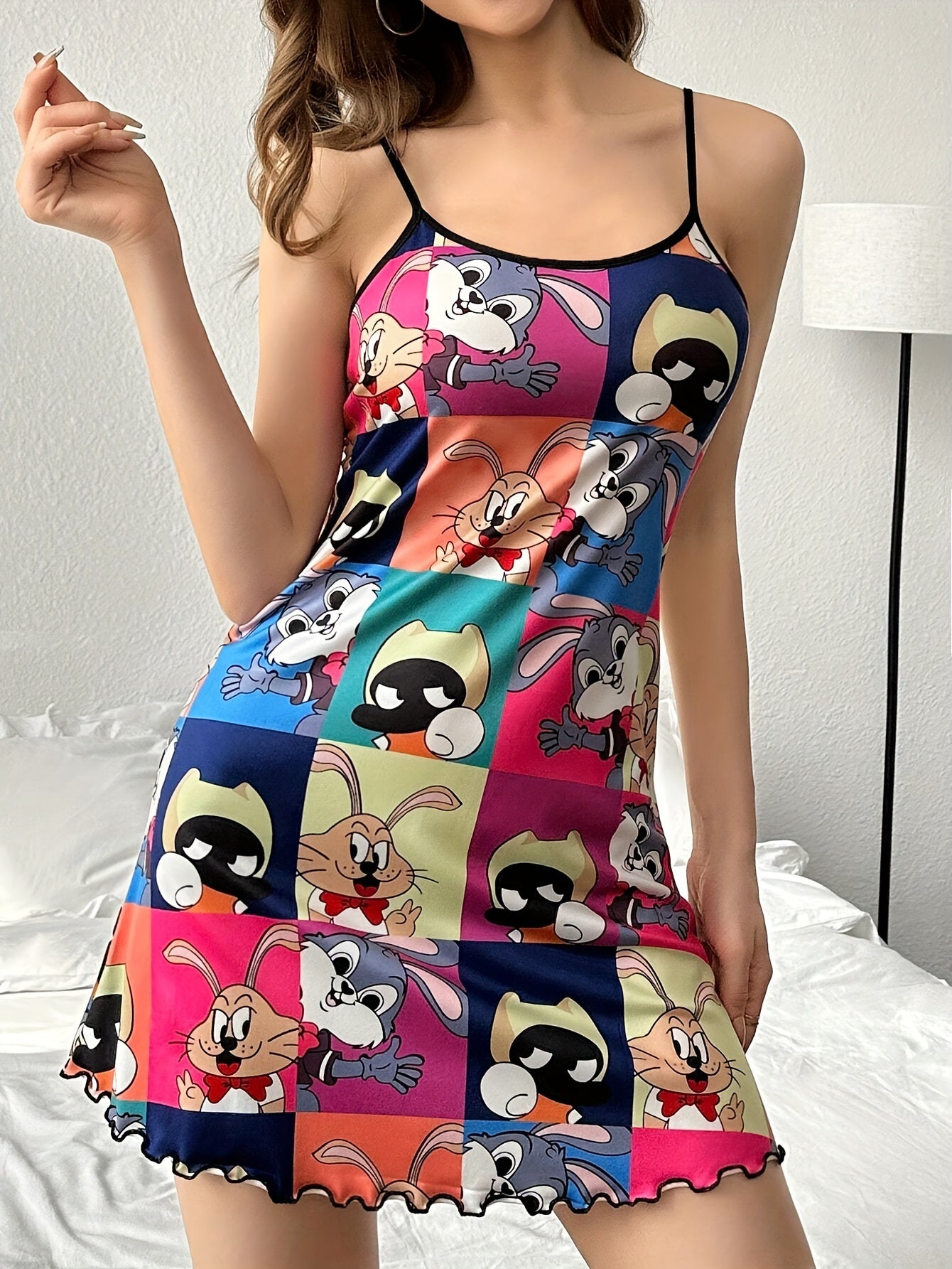 Cartoon print nightgown with backless design and frill trim, perfect for women's sleepwear.