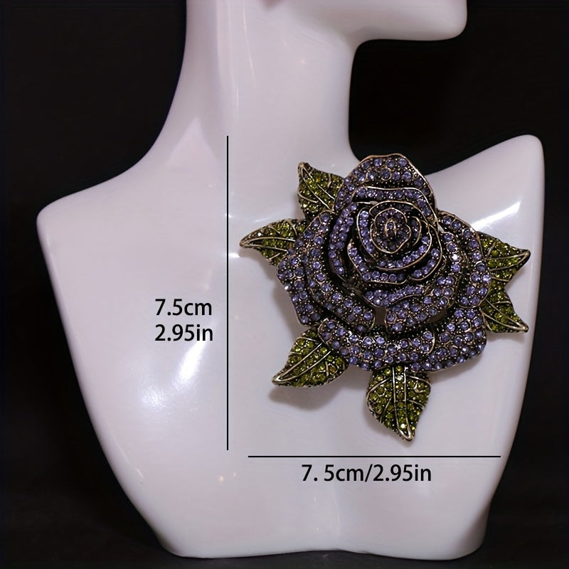 Stylish Baroque Rose Flower Brooch Pin featuring Green Leaves, Sparkling Rhinestones, a Versatile and Elegant Accessory for Women