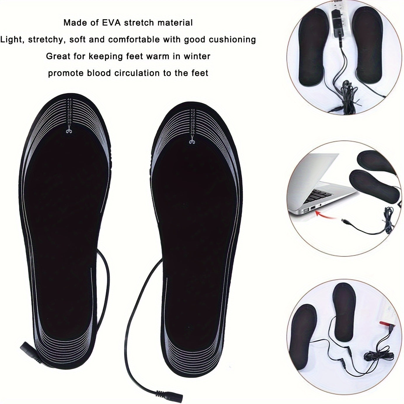 Heated shoe insoles for men and women, cuttable and washable, provide electric foot warming.