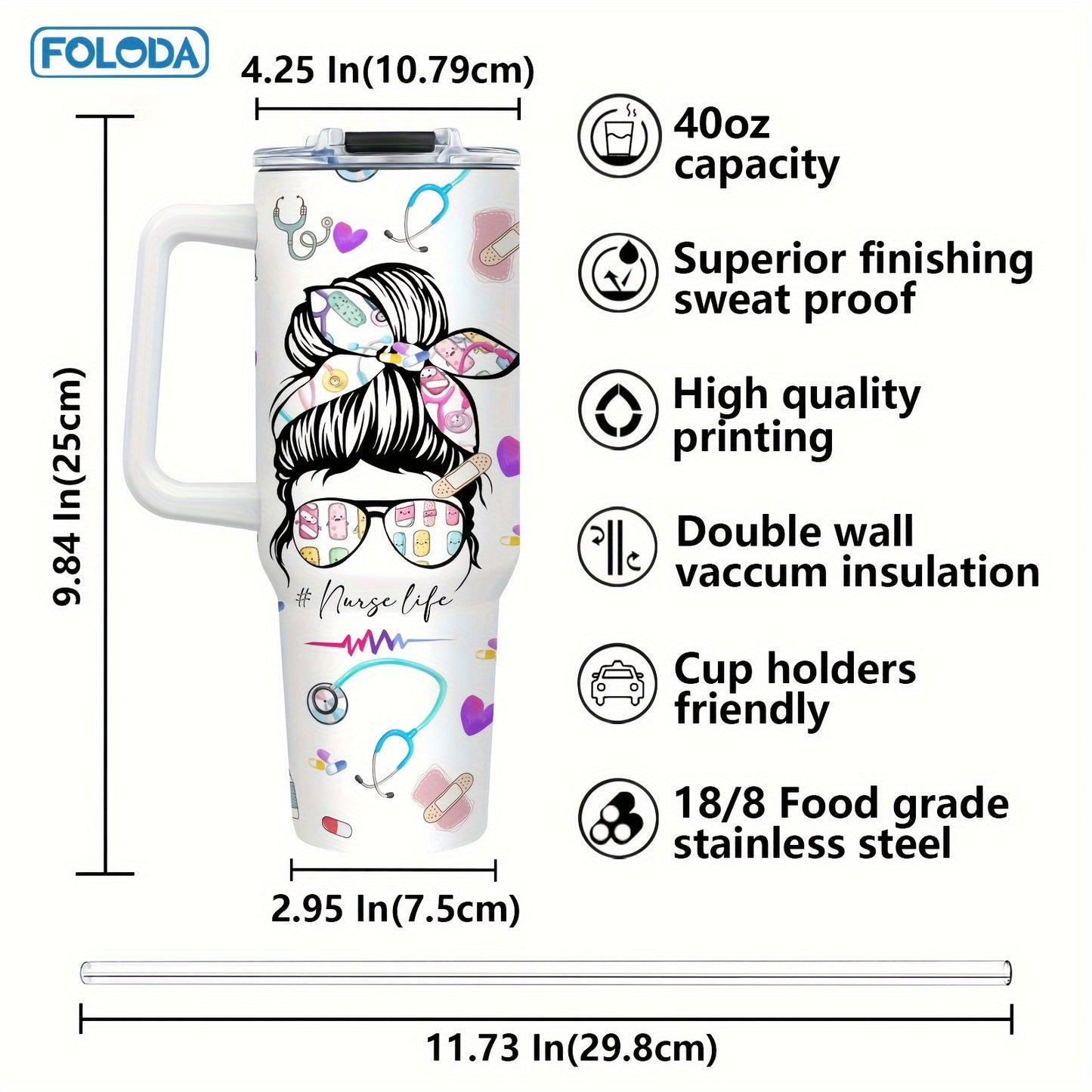 40oz stainless steel nurse life tumbler with handle, lid & straw, insulated, hand-wash only - perfect for nurse appreciation, graduation, nurses week - colorful design, great nurse gift, travel mug.