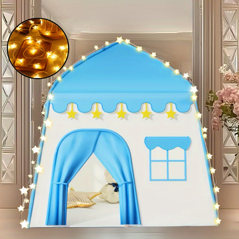 Blue floral play tent with starry lights for kids - perfect for indoor/outdoor play, made of sturdy polyester and PVC.