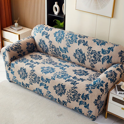 Modern printed sofa slipcover with elastic closure, made of 95% polyester and 5% spandex. Machine washable with active printing and stitched craftsmanship. Fits armchairs to sectional sofas, weighing 100-120gsm fabric.