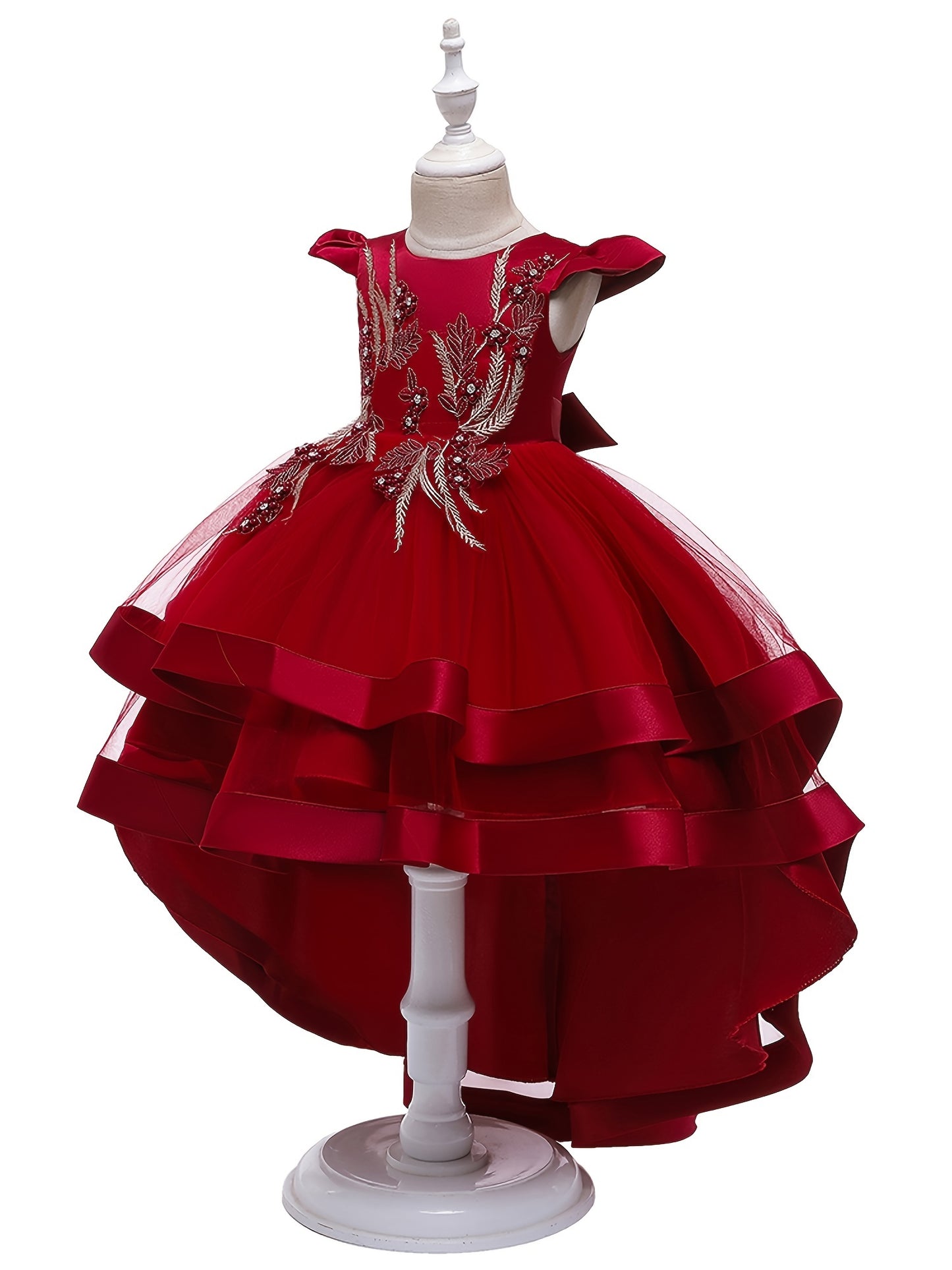 Mesh flower embroidered princess dress with fly sleeve for party performance.