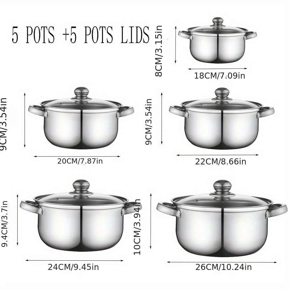 Set of 10 stainless steel saucepans, suitable for induction stovetops, includes deep soup pots with lids, ideal for home cooking and outdoor use. Portable cookware set.