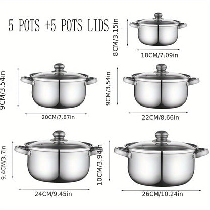 Set of 10 stainless steel saucepans, suitable for induction stovetops, includes deep soup pots with lids, ideal for home cooking and outdoor use. Portable cookware set.