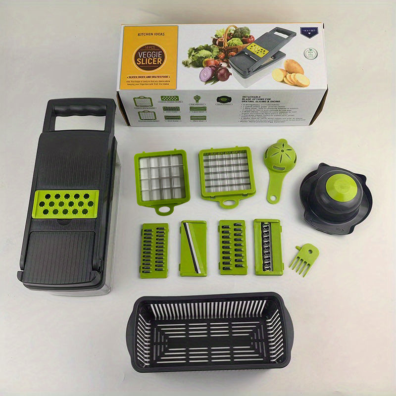 Kitchen slicer set with 14/16 pieces, featuring a manual vegetable cutter dicer shredder with durable stainless steel blades. Made of plastic in a rectangle shape, no power supply required.