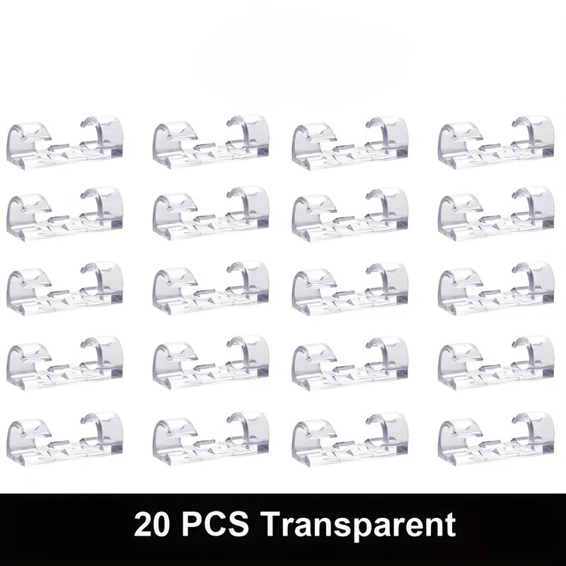 20/60pcs Self-Adhesive Clear Plastic Cable Clips for versatile cord management on walls and desks, ideal for computers, offices, indoors and outdoors, and camping.