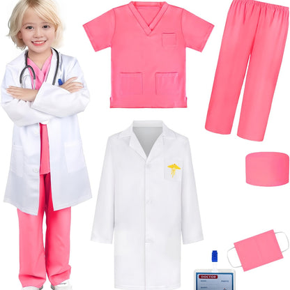 6-piece set of doctor/nurse costume for 3-7 year-olds, including V-neck top, pants, hat, buttons, chest card, and embroidered white coat. Perfect for role-playing, parties, holidays, and