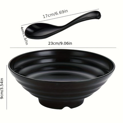 Large ramen bowl with spoon, Japanese-style, BPA-free, microwave and dishwasher safe. Perfect for home, kitchen, restaurants.