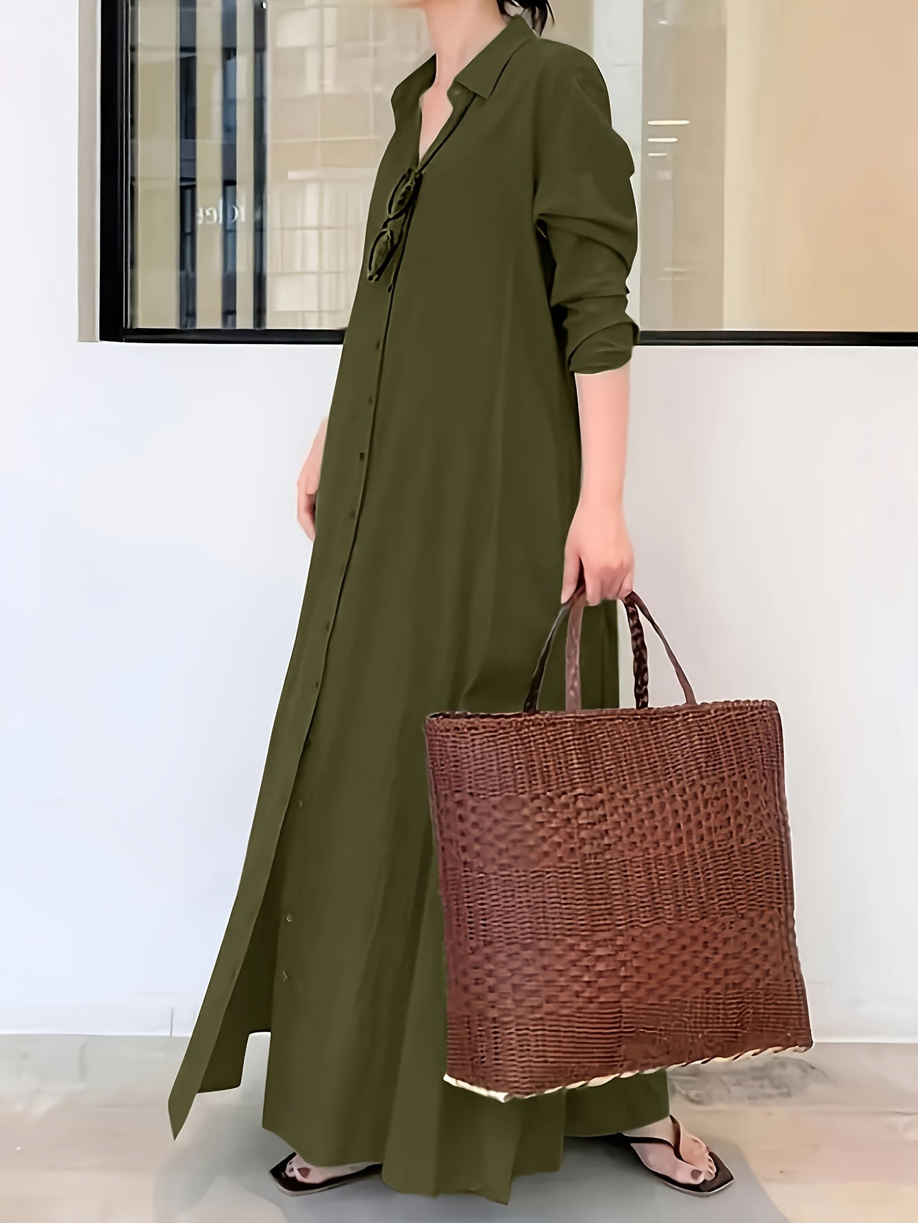 Elegant solid color button-up shirt dress for women with long sleeve and loose fit, ideal for spring and fall.