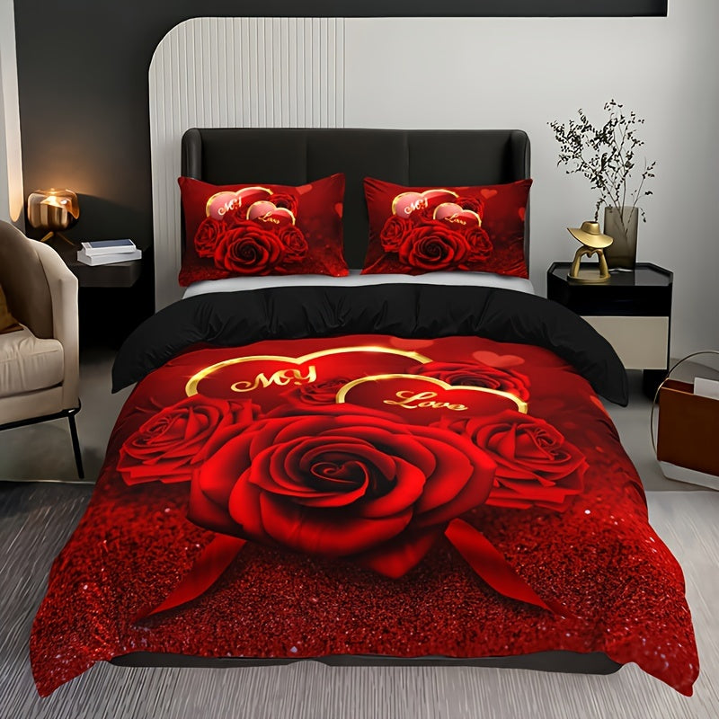 Set the mood for romance with this 3-piece Romantic Red Rose Love Floral Letter Duvet Cover Set, including 1 duvet cover and 2 pillowcases (pillow inserts not included). Featuring Valentine's Day HD printing, this bedding set is perfect for adding a