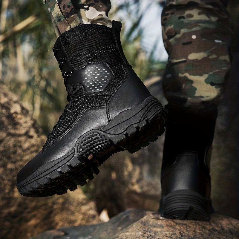 High top tactical work boots with side zipper, non-slip and durable for outdoor hiking activities.