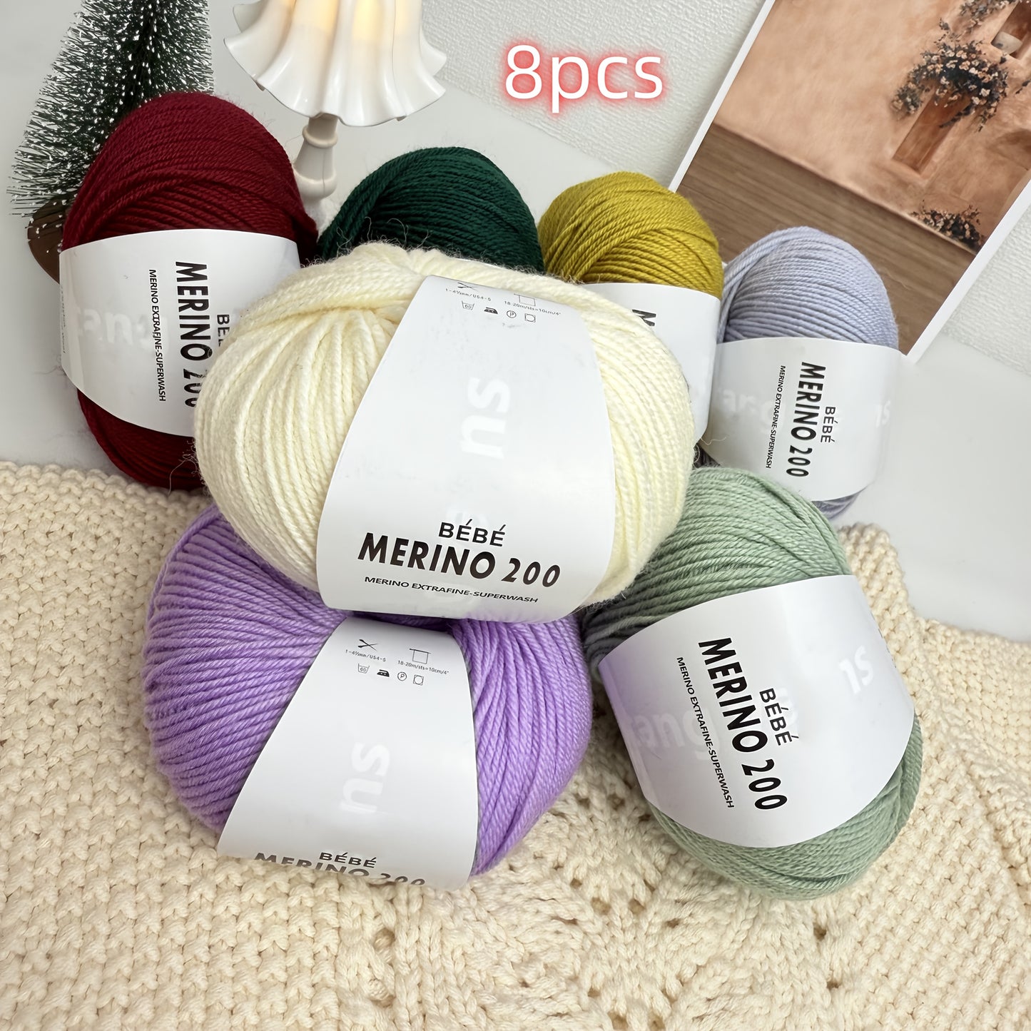 8 balls/400g hand-knitted Merino wool yarn, 75% Merino wool, 25% nylon. Skin-friendly, soft, ideal for knitting sweaters, hats, scarves, socks, blankets, shawls, etc.