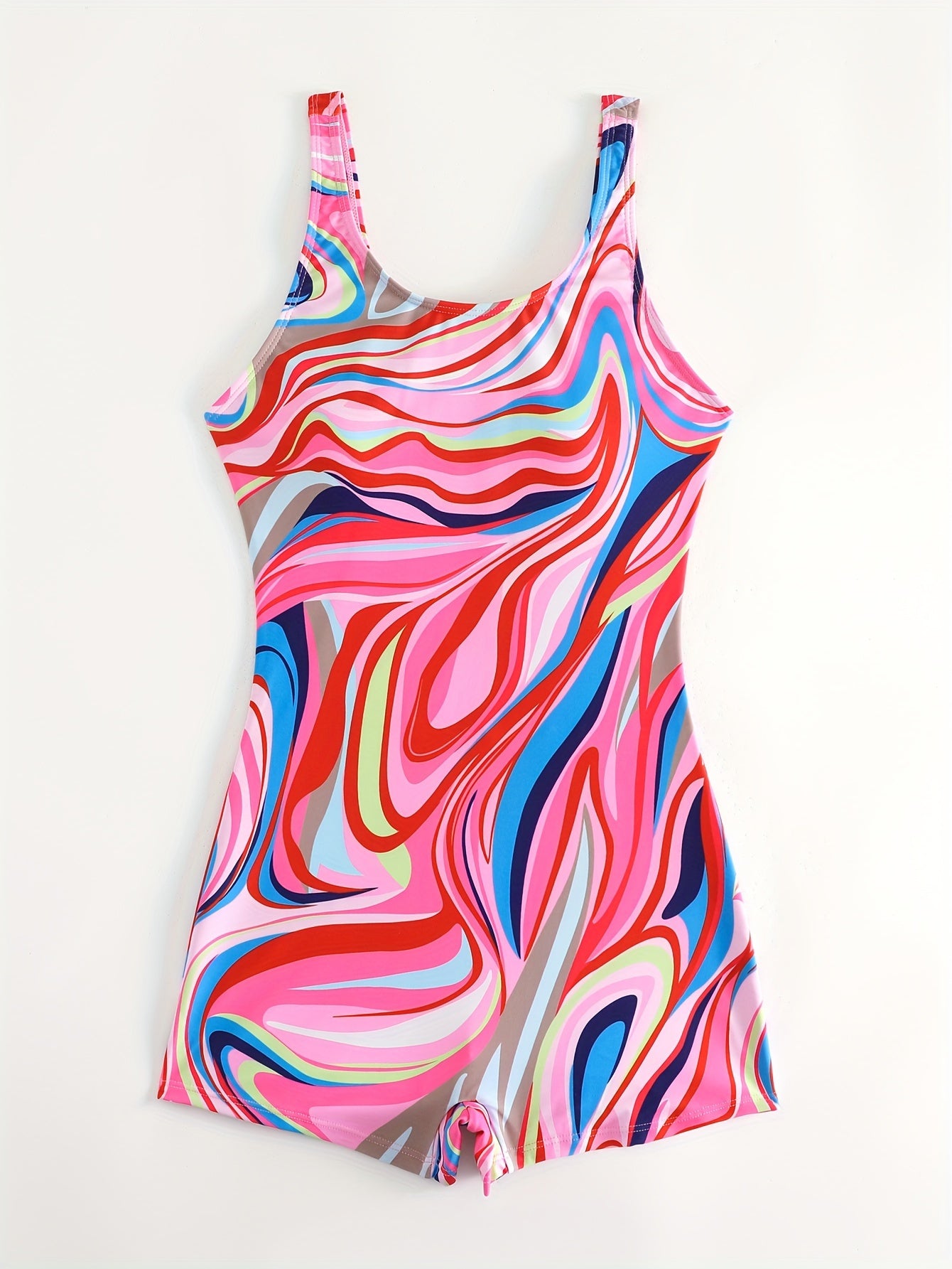 Women's slimming one-piece swimsuit featuring tummy control, colorful abstract print, and athletic style.