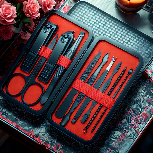 Professional quality deluxe manicure and pedicure set with ultra sharp stainless steel tools in a stylish black and red case. Perfect for achieving perfectly groomed fingernails and