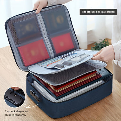 Document bag with lock, fireproof 3-layer file storage case with water-resistant zipper for safe storage of laptop, files, and certificates at home or while traveling.