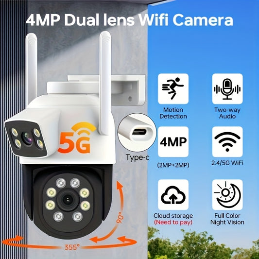 Dual lens 4MP CCTV camera with outdoor wireless PTZ capabilities. Features motion tracking, color night vision, two-way audio, and smartphone app access. Suitable for use with youngsters