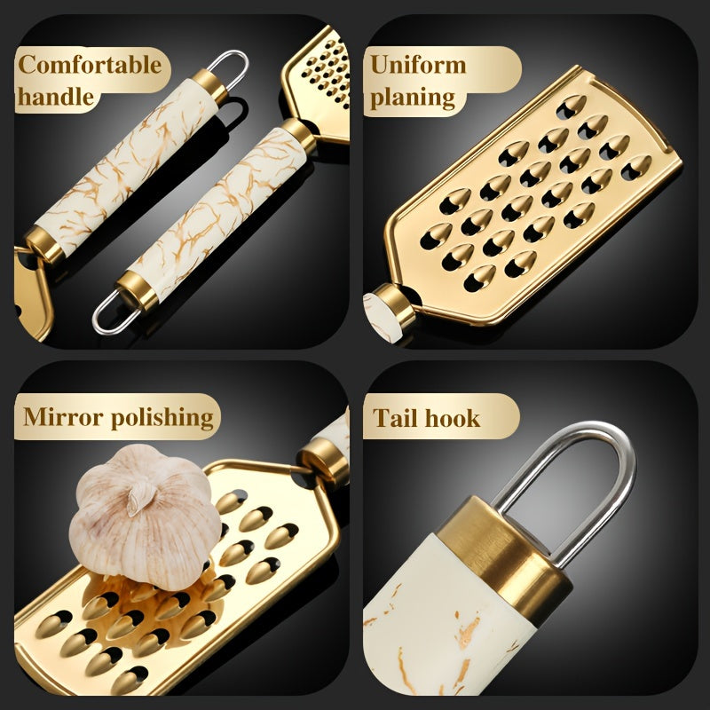 Stainless steel kitchen grater for shredding various foods, with a safe handle and luxurious golden appearance.