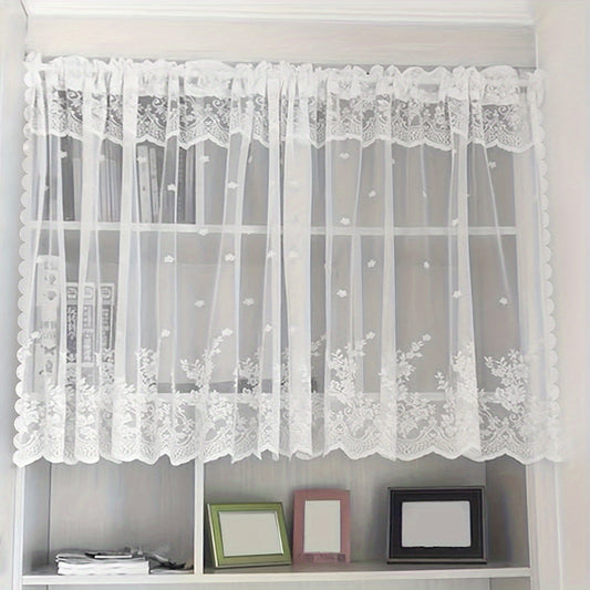 Add a touch of charm to your living space with this lovely White Floral Lace Curtain featuring a Sweet Garden Style. The Rod Pocket Design makes hanging a breeze, making it perfect for windows and doors in the living room, bedroom, or kitchen. Made of