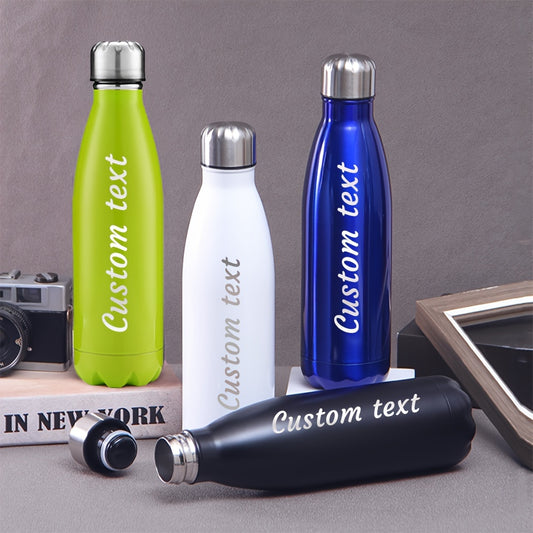 Custom engraved stainless steel water bottle, leak proof, BPA-free, ideal for sports and daily use. Hand wash only.