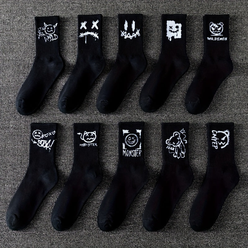 Men's trendy graffiti crew socks, 3/5/8/10 pairs, breathable and comfy for outdoor wear