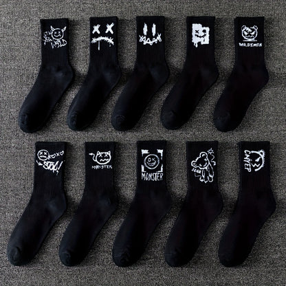 Men's trendy graffiti crew socks, 3/5/8/10 pairs, breathable and comfy for outdoor wear