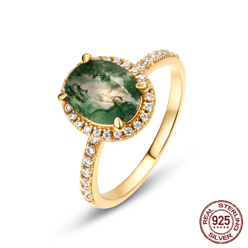 Perfect Christmas Gift For Your Loved One - High Quality, Dainty 925 Sterling Silver Ring with 14k Plated Inlaid Moss Agate, Ideal Party Accessory for Females.